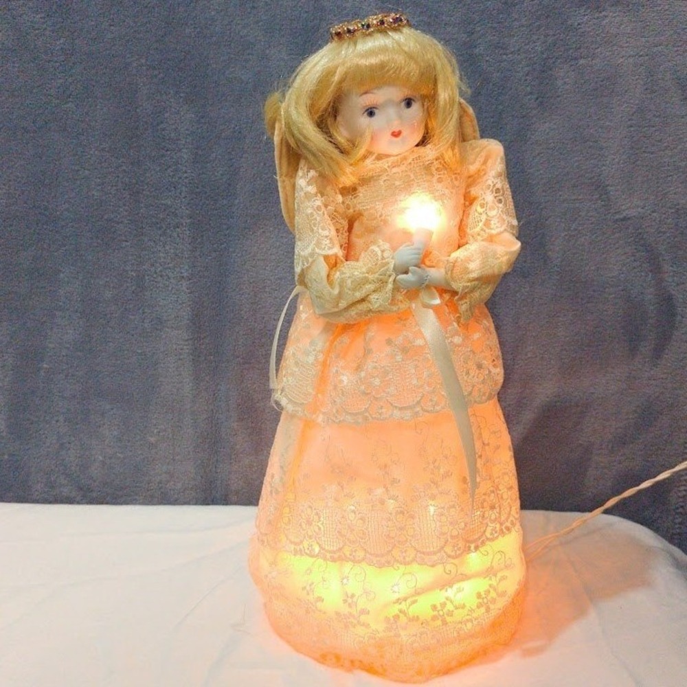 Vintage Angel Christmas Tree Topper Light Up Porcelain Lace Gown 12" Works